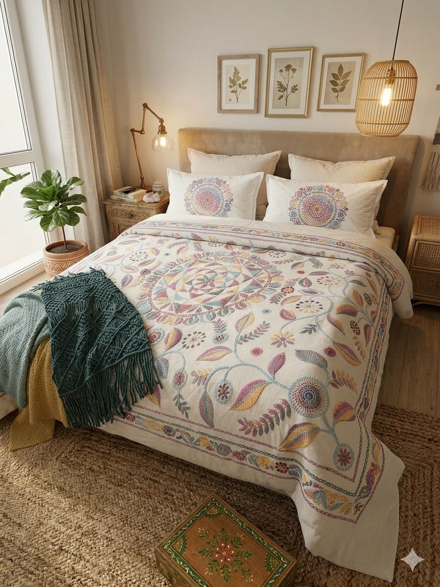 Signature Handmade Embroidered Bedcover (White) - Image 2